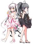  2girls ahoge bangs bare_arms bare_shoulders black_bow black_dress black_footwear black_hair blue_eyes blunt_bangs blush bouquet bow closed_mouth commentary_request dress full_body gokotai_yoshimitsu grey_hair hair_bow high_heels high_ponytail holding holding_bouquet long_hair looking_at_viewer looking_to_the_side multicolored_hair multiple_girls namazuo_toushirou_(tenka_hyakken) pink_ribbon ponytail ribbon sandals scrunchie shouji_ayumu sidelocks simple_background skirt_hold sleeveless sleeveless_dress smile solo standing tenka_hyakken two-tone_hair very_long_hair wedding_dress white_background white_dress white_hair yellow_eyes 