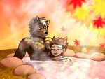  anthro autumn bandaid_protagonist_(tas) bodily_fluids canid canine canis domestic_dog dragokaizer666 falling_leaves hi_res hot_spring human lifewonders male male/male mammal muscular muscular_male onsen partially_submerged romantic romantic_couple steam sweat tadatomo tokyo_afterschool_summoners tokyo_houkago_summoners water 