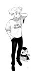  1boy alternate_costume bangs barry_(pokemon) closed_mouth full_body hand_in_pocket hand_up highres male_focus omyo_(myomyomyo22) pants piplup pokemon pokemon_(creature) pokemon_(game) pokemon_dppt shirt short_hair short_sleeves signature standing t-shirt 