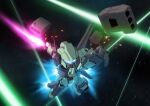  absurdres assault_visor beam_saber blurry dated_commentary deformed depth_of_field flying gundam gundam_unicorn highres holding holding_sword holding_weapon laser mecha missile_pod mobile_suit no_humans outstretched_arms radio_antenna robot science_fiction solo stark_jegan sword thrusters twisted_torso weapon zakuma 