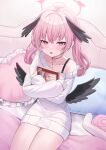  1girl absurdres black_wings blanket blue_archive blur_censor book book_hug bra_strap censored dress feathered_wings frown genshin_impact halo head_wings highres holding holding_book koharu_(blue_archive) long_hair long_sleeves looking_at_viewer mini_wings nannung object_hug off_shoulder pillow pink_eyes pink_hair single_bare_shoulder sitting solo sweater sweater_dress tearing_up thighs twintails v-shaped_eyebrows white_sweater wings yae_miko 
