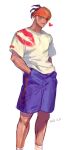  1boy alternate_costume black_hair commentary dark-skinned_male dark_skin dated hands_in_pockets headband heart hitorigaoka knees lipstick_mark looking_down male_focus orange_headband pokemon pokemon_(game) pokemon_swsh purple_shorts raihan_(pokemon) shirt short_hair short_sleeves shorts simple_background smile solo symbol-only_commentary t-shirt undercut white_background 