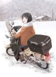  1girl black_hair bob_cut boots forest fur_collar grey_eyes ground_vehicle highres honda_super_cub house koguma_(super_cub) looking_at_viewer looking_back maruyo motor_vehicle motorcycle nature on_motorcycle open_mouth outdoors short_hair smile snow solo super_cub winter winter_clothes 