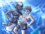  anthro athletic athletic_male bandaid_protagonist_(tas) canid canine canis clothing diving domestic_dog dragokaizer666 duo eye_contact hi_res human looking_at_another male male/male mammal muscular muscular_anthro muscular_male romantic romantic_couple sea swimming_trunks swimwear tadatomo underwater underwater_view water 