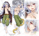  1boy ahoge belt billie_(meng_gong_fang) black_hood bone_necklace brown_belt clover dakimakura_(medium) four-leaf_clover genshin_impact green_pants grey_hair hood hood_up long_hair male_focus pants razor_(genshin_impact) red_eyes scar scar_on_arm scar_on_face wolf wolf_boy wolfhook_(genshin_impact) wolfhook_juice_(genshin_impact) 