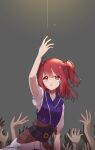  1girl 6+others absurdres arm_up bangs coin fingernails grey_background hair_bobbles hair_ornament highres looking_up medium_hair multiple_others obi onozuka_komachi open_hand out_of_frame outstretched_hand parted_lips puffy_short_sleeves puffy_sleeves reaching red_eyes red_hair sad sash short_sleeves shouko_(airen) silhouette solo_focus sparkle touhou two_side_up 