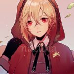  1boy androgynous bishounen black_gloves blonde_hair character_name ensemble_stars! gloves grey_background hood hood_up leaf long_sleeves looking_at_viewer male_focus nito_nazuna parted_lips red_eyes red_hood red_shirt shirt short_hair solo yamacha_(wly) 