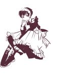  1boy 1girl alternate_costume apron bangs between_legs boots closed_mouth collared_dress cross-laced_footwear dress enmaided frilled_apron frills full_body hand_between_legs hand_on_own_chin hand_up head_rest invisible_chair kiba_nanoka knees_up lace-up_boots long_sleeves looking_at_viewer maid maid_apron maid_headdress mao_(takahashi_rumiko) monochrome petalo55 pigeon-toed ribbon-trimmed_hairband short_hair simple_background sitting solo 