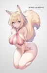  1girl animal_ears aztodio blonde_hair blue_eyes bottomless breasts closed_mouth commentary english_commentary gradient_background grey_background hair_between_eyes large_breasts looking_at_viewer original patreon_username short_hair sitting solo squirrel_ears squirrel_girl wariza 