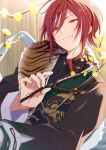  1boy animal_on_shoulder black_jacket branch cat cat_on_shoulder closed_mouth ensemble_stars! flower highres holding holding_branch jacket long_sleeves looking_at_viewer male_focus multicolored_hair red_hair sakasaki_natsume short_hair smile solo take_no_ko white_hair yellow_eyes yellow_flower 