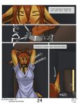  anthro bangs big_breasts big_ears bound breasts clothed clothed_breasts clothing collar comic comic_panel cuff_(restraint) dark_room digital_media_(artwork) door door_opening ears_down eliana-asato eyes_closed face_closeup felid feline female fur gag gagged grey_background hair handcuffed handcuffs hands_above_head harness hi_res jen_(eliana-asato) kidnapping long_hair long_shirt looking_at_viewer lynx mammal metal_cuffs orange_hair pivoted_ears restraints scared short_tail simple_background solo standing tail text waking_up wall_bondage yellow_body yellow_eyes 