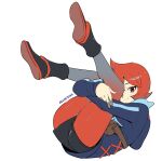  1girl absurdres arezu_(pokemon) artist_name blue_hoodie boots clip_studio_paint_(medium) diamond_clan_outfit eudetenis highres hood hoodie hugging_own_legs pantyhose pokemon pokemon_(game) pokemon_legends:_arceus pouch red_eyes red_hair short_shorts shorts smile thighs white_background 