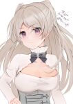  1girl absurdres artist_name black_bow blush bow breasts cleavage closed_mouth conte_di_cavour_(kancolle) dated dress eiji_(monochromexd) grey_hair hand_on_hip highres kantai_collection large_breasts long_hair long_sleeves looking_at_viewer one-hour_drawing_challenge purple_eyes signature simple_background solo twitter_username two_side_up upper_body white_background white_dress 