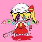  1girl ascot barefoot blonde_hair blood bonesaw bow chibi collared_shirt crazy_smile fangs flandre_scarlet hat hat_bow heart_(organ) heterochromia looking_at_viewer mob_cap one_side_up peptide pink_background pink_eyes puffy_short_sleeves puffy_sleeves red_bow red_skirt red_vest saw shirt short_hair short_sleeves skirt skull solo standing touhou vest white_headwear wings yellow_ascot 