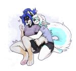  2023 4_toes 5_fingers absurd_res anthro blue_hair breasts canid canine canis clothed clothing digital_media_(artwork) domestic_dog duo embrace eyewear f-r95 feet female fingers fur glasses hair hi_res hug mammal smile toes white_body white_fur white_hair 