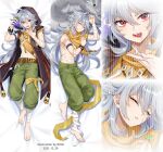  1boy ahoge belt billie_(meng_gong_fang) black_hood bone_necklace brown_belt clover dakimakura_(medium) four-leaf_clover genshin_impact green_pants grey_hair hood hood_up long_hair male_focus pants razor_(genshin_impact) red_eyes scar scar_on_arm scar_on_face wolf wolf_boy wolfhook_(genshin_impact) wolfhook_juice_(genshin_impact) 