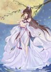  1girl absurdres animal bare_legs bare_shoulders branch brown_hair detached_sleeves doudou_3_sui_yinghua douluo_dalu dress earrings falling_leaves full_body highres holding holding_animal jewelry leaf long_hair long_sleeves moon open_mouth ponytail rabbit ripples smile water white_dress xiao_wu_(douluo_dalu) 