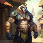  abs ai_art ailurid armor belt fantasy male mammal muscular muscular_male pecs pose red_panda solo tattoo voju 