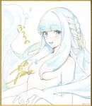  1girl artist_name bangs blue_eyes blue_hair braid breasts crayon_(medium) light_blue_hair long_hair looking_at_viewer nude ohisashiburi open_mouth original shikishi signature slime_girl_(ohisashiburi) small_breasts solo traditional_media upper_body 