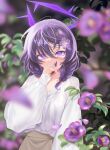  1girl absurdres blue_archive blurry blurry_background blurry_foreground blush braid commentary_request covered_mouth covering_mouth depth_of_field flower hair_between_eyes hair_flower hair_ornament halo hand_up haruka_(blue_archive) highres holding holding_hair leaf long_sleeves looking_at_viewer medium_hair puffy_sleeves purple_eyes purple_flower purple_hair shirt sin_pentagram skirt sleeve_cuffs sleeves_past_wrists slit_pupils solo upper_body white_shirt yellow_skirt 