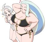  2girls :o arm_behind_head bare_arms bikini black_bikini blush breasts closed_eyes collarbone commentary_request eyelashes fat grey_eyes grey_hair grey_one-piece_swimsuit gym_trainer_(pokemon) hand_on_hip hand_up mature_female melony_(pokemon) multiple_girls musical_note nutkingcall one-piece_swimsuit open_mouth pokemon pokemon_(game) pokemon_swsh short_hair sparkle sweatdrop swimsuit teeth white_background 