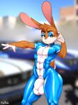  ambiguous_gender athletic blackarabi bulge bulge_size_difference clothing fan_character girly hi_res jumpsuit lagomorph latex leporid male mammal rabbit solo 