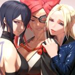  3girls absurdres amputee arm_on_shoulder back_tattoo baiken black_hair black_kimono blonde_hair blue_bodysuit blue_eyes bodysuit breast_press breasts cleavage commentary_request crossover eyepatch facial_tattoo forehead grin guilty_gear guilty_gear_xrd hair_over_one_eye highres huge_breasts japanese_clothes kataginu kimono large_breasts lips long_hair looking_at_viewer multiple_crossover multiple_girls nina_williams nose one-eyed pink_hair ponytail popped_collar purple_eyes red_eyes red_rope rope ryohhe samurai_spirits scar scar_across_eye shiki_(samurai_spirits) short_hair sideboob smile snake_tattoo tattoo tekken tekken_7 turtleneck_leotard 