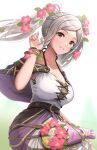  1girl absurdres adjusting_hair belt bouquet braid breasts brown_eyes cleavage collarbone dress fire_emblem fire_emblem_awakening fire_emblem_heroes flower gonzarez hair_flower hair_ornament hand_up highres holding holding_bouquet looking_at_viewer medium_breasts nail_polish official_alternate_costume pink_nails robin_(female)_(fire_emblem) robin_(fire_emblem) smile solo teeth twintails upper_body white_dress white_hair 