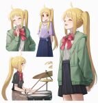  1girl ^_^ absurdres ahoge arms_behind_back backpack bag black_shirt black_skirt blonde_hair blue_skirt blush bocchi_the_rock! bow bowtie brown_skirt closed_eyes closed_mouth collared_shirt cowboy_shot drumsticks green_jacket highres holding holding_drumsticks ijichi_nijika jacket long_hair looking_at_viewer looking_away lunia multiple_views one_side_up open_clothes open_jacket open_mouth plaid plaid_skirt pleated_skirt pointing polka_dot polka_dot_bow purple_shirt red_bow shirt sidelocks simple_background sitting skirt smile standing suspender_skirt suspenders teeth upper_body white_background white_shirt yellow_bag 
