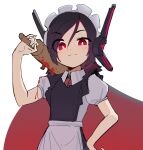  1girl :/ apron bangs black_dress black_hair blood blood_on_weapon blush cape collared_shirt copyright_request dethmaid dress grey_apron grey_shirt holding holding_weapon long_hair looking_at_viewer maid maid_headdress puffy_short_sleeves puffy_sleeves red_cape red_eyes red_hair shirt short_sleeves solo weapon white_background 