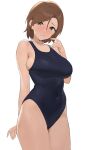  1girl absurdres black_one-piece_swimsuit blush breasts brown_eyes brown_hair bursting_breasts collarbone covered_navel cowboy_shot embarrassed highres idolmaster idolmaster_cinderella_girls large_breasts looking_at_viewer medium_hair mizuki_seira onao one-piece_swimsuit skindentation solo sweatdrop swimsuit white_background 