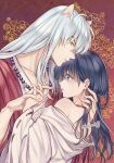  1boy 1girl animal_ears bangs bare_shoulders bead_necklace beads black_hair blue_eyes blue_hair blush choker collarbone couple dog_ears floral_print from_side hand_on_another&#039;s_neck hand_up hands_up hetero higurashi_kagome interlocked_fingers inuyasha inuyasha_(character) japanese_clothes jewelry kimono long_hair long_sleeves looking_at_another looking_at_viewer looking_away motobi_(mtb_umk) necklace off_shoulder parted_lips profile ribbon-trimmed_sleeves ribbon_trim tooth_necklace twitter_username upper_body white_hair yellow_eyes 
