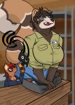  absurd_res anthro big_breasts big_tail breasts brown_body brown_fur brown_hair canid canine ceschi ceschi_(ceschi) clothed clothing crossgender digital_media_(artwork) duo dyed_(dyed) female fur gulonine hair hi_res looking_at_viewer mammal marten mtf_crossgender mustelid musteline open_mouth pine_marten raccoon_dog red_hair simple_background size_difference standing surprised_expression tail tanuki teeth text text_on_clothing thick_thighs topwear vhs_tape wide_hips work_clothes work_uniform 