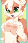  anthro breast_grab breast_squish breasts claws digital_media_(artwork) felid feline female fur green_eyes hair hand_on_breast mammal markings nipples nude open_mouth red_body red_fur shiratzu simple_background solo squish surprised_expression whiskers white_body white_fur white_hair 