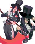  1other adjusting_clothes adjusting_headwear androgynous ascot asymmetrical_gloves bare_shoulders black_gloves black_hair black_headwear blood fingerless_gloves gloves guilty_gear guilty_gear_strive hat highres long_hair looking_at_viewer other_focus red_eyes scythe sorrysap testament_(guilty_gear) top_hat white_ascot white_gloves 