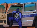  anthro argonian armor bethesda_softworks black_mesa blue_body blue_scales car clothed clothing digital_media_(artwork) english_text half-life hi_res looking_at_viewer male reptile scales scalie solo tall_lizzard_(artist) text the_elder_scrolls topwear tristen uniform valve vehicle 