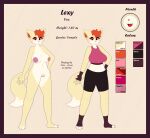  absurd_res anthro areola big_breasts bottomwear breasts canid canine clothed clothing female fox fur genitals gloves hair handwear hi_res lexy_(max_draws) looking_at_viewer mammal max_draws model_sheet nipples nude open_mouth orange_hair pink_eyes pussy shorts solo standing topwear white_body white_fur yellow_body yellow_fur 