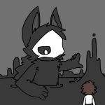  4_fingers anthro behemoth_(connec) black_sclera brown_hair canid canine canis changed_(video_game) duo fingers furkoko goo_creature grey_background hair human lin_(changed) living_latex looking_down male mammal mask puro_(changed) simple_background size_difference white_body white_eyes wolf 