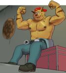  2023 anthro backwards_baseball_cap backwards_hat baseball_cap belly belt biceps bodily_fluids boots bottomwear chance_furlong clothed clothing dartboard denim denim_clothing domestic_cat felid feline felis flexing flexing_both_biceps footwear hanna-barbera hat headgear headwear hi_res hunter-husky inside jeans looking_at_viewer low-angle_view male mammal manly mechanic musclegut navel nipples overalls pants partially_clothed pecs pose red_baseball_cap sitting slightly_chubby smile solo striped_body stripes swat_kats sweat sweatdrop topless triceps 