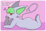  ambiguous_gender annoyed_expression anthro big_ears butt dialogue digital_media_(artwork) eeveelution espeon fur fur_tuft fusion generation_2_pokemon generation_3_pokemon green_hair grey_body hair hi_res hybrid looking_back lying nintendo nude open_mouth pokemon pokemon_(species) pokemon_fusion ralts red_eyes simple_background solo tail text thick_thighs tongue tuft zlut385 