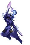  absurdres blade blue_fire ceruledge commentary_request eye_trail fire flaming_eyes full_body highres hisame_hana light_trail looking_at_viewer pokemon pokemon_(creature) purple_eyes simple_background solo white_background 