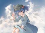  1girl 80isiiii bangs blue_eyes blue_hair blue_shirt blue_skirt blush cloud cloudy_sky collared_shirt feet_out_of_frame flat_cap green_headwear hair_between_eyes hair_bobbles hair_ornament hat highres holding holding_wrench kawashiro_nitori long_sleeves open_mouth shirt short_hair skirt sky smile solo touhou two_side_up wrench 