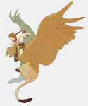  absurd_res avian beak clothed clothing crucian_carp duo feathered_wings feathers female feral fur gryphon hair hi_res human male male/female mammal mythological_avian mythology riding_on_back teeth teeth_showing toto_(crucian_carp) wings 
