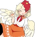  1girl animal animal_on_head bird bird_on_head bird_wings blonde_hair blush chick dress feathered_wings ini_(inunabe00) multicolored_hair niwatari_kutaka on_head one_eye_closed open_mouth orange_dress red_eyes red_hair shirt short_hair short_sleeves simple_background smile solo touhou two-tone_hair white_background white_shirt wings yellow_wings 