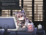  1girl 4chan animal_ear_fluff animal_ears artist_name bangs blush breasts brown_hair cat_ears closed_mouth crying crying_with_eyes_open cup english_commentary english_text girls&#039;_frontline_neural_cloud highres indoors keyboard_(computer) labcoat long_hair looking_at_screen monitor mug persicaria_(girls&#039;_frontline_nc) serjatronic shaking sitting solo sweater tears typing upper_body 