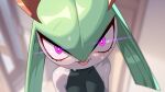  2023 bodily_fluids clothed clothing drunk_oak generation_3_pokemon glowing glowing_eyes green_hair hair hi_res humanoid kirlia nintendo open_mouth pink_tongue pokemon pokemon_(species) purple_eyes sweat teeth tongue white_body 