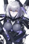  1girl breasts cyborg d4vcmk grey_hair hair_between_eyes hair_ornament highres large_breasts mechanical_arms mechanical_hands mechanical_legs medium_hair orange_eyes punishing:_gray_raven rosetta_(punishing:_gray_raven) twitter_username white_background x_hair_ornament 