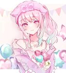  1other akiyama_mizuki androgynous animal_ears asagimu_(tsuktsuk) balloon blue_hair fake_animal_ears heart_balloon holding holding_balloon jacket jacket_on_shoulders long_hair long_sleeves looking_at_viewer mini_balloon multicolored_hair official_alternate_costume pajamas pastel_colors pink_hair pink_pajamas pink_theme project_sekai purple_jacket side_ponytail solo soshite_ima_ribbon_o_musunde_(project_sekai) star_balloon wavy_hair 