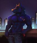  abs absurd_res anthro beer_bottle belt biceps black_sclera bottle bottomwear canid canine canis city city_background cityscape claws clothed clothing container denim denim_clothing fur hi_res highlights_(coloring) jeans male mammal multicolored_body multicolored_fur muscular muscular_male navel night nipples no_pupils outside pants partially_clothed pecs pivoted_ears purple_highlights sky solo star starry_sky stripes topless topless_anthro topless_male toroi v-line wolf yellow_claws yellow_ear_fluff yellow_eyes yellow_nose yellow_stripes zulu_(wo1fman) 