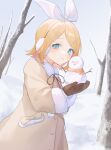  1girl :3 absurdres aqua_eyes bangs blonde_hair blush bow brown_jacket coat dutch_angle earmuffs fur-trimmed_jacket fur-trimmed_sleeves fur_trim hair_bow hair_ornament hairclip highres holding_snowman jacket kagamine_rin looking_at_viewer nervous scarf sideways_glance snow snowman solo sumire_rin swept_bangs tree vocaloid white_bow winter winter_clothes winter_coat 